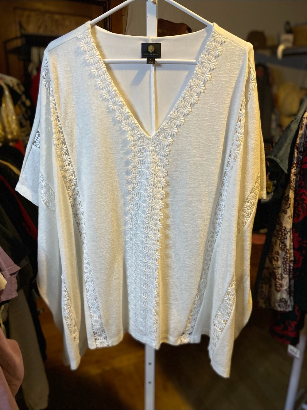 JM Collection Ivory V-Neck Embroidered Tunic - flare/wide sleeve